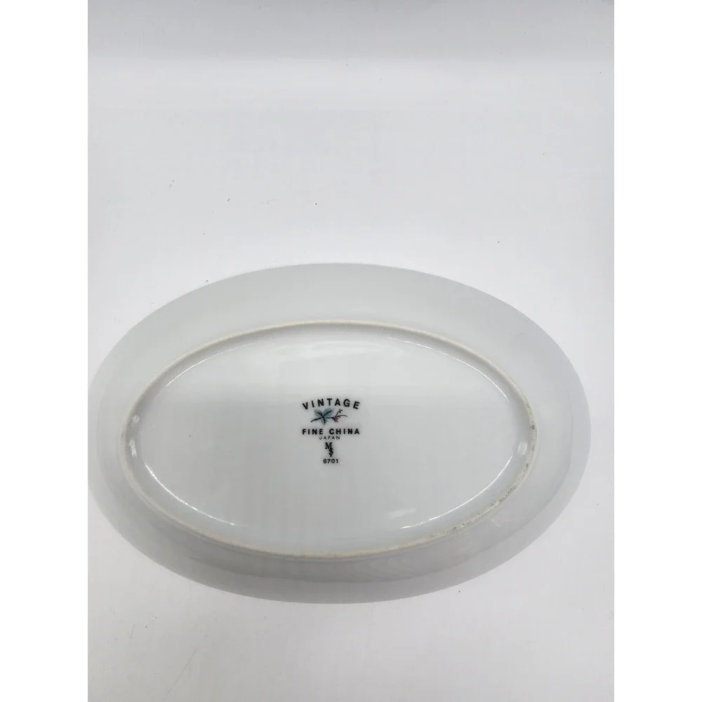 Vintage Fine China Japan 6701 Oval Platter Teal Green Leaf Berry Silver Rim 10
